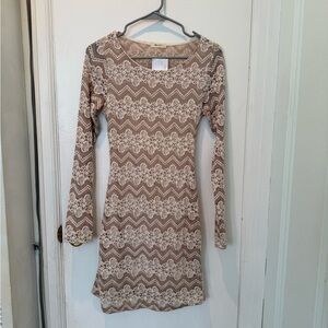 Everly Cream and Brown Lace Long Sleeve Dress